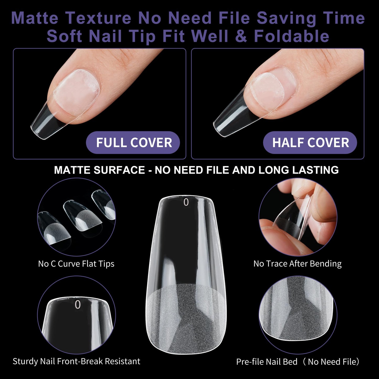 Half Matte Medium Coffin Fake Nail Tips, Soft Gel Pre-Shaped Nail Tips, Full Cover False Nails with Clear Box for Nail Salons and DIY Nail Art, 600PCS/10 Sizes