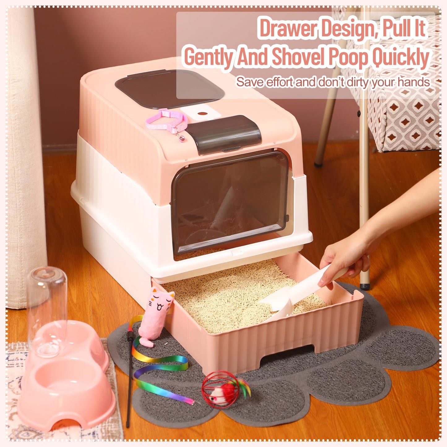 Tioncy 7 Pcs Small Cat Kitten Starter Kit Cat Litter Box with Shovel Paw Litter Mat Double Automatic Bowls Toy Teaser Stick Kitten Collar Essentials Kits for 1-3 Lbs Beginner(Pink)