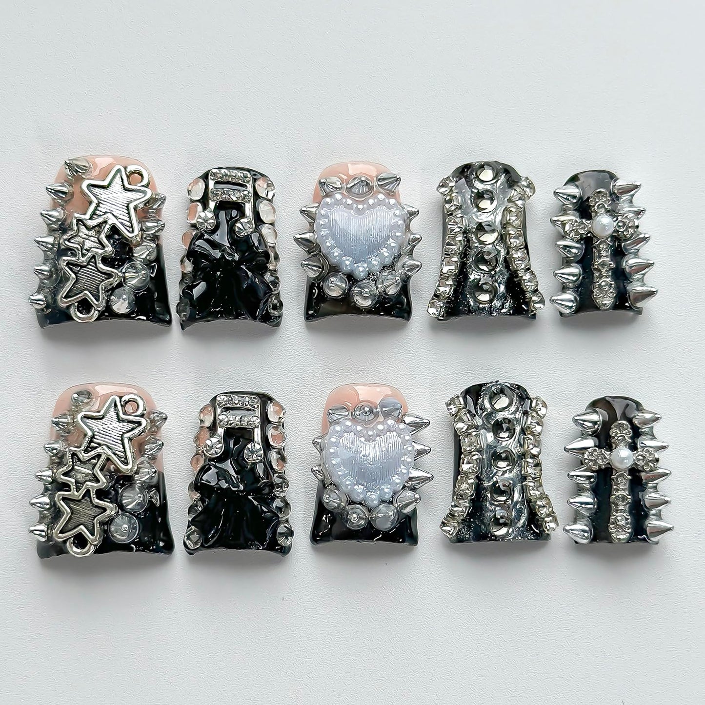 Luxury Press on Nails Short Duck Handmade 3D Unique Reusable ABS Material Fake Nails Black French Tip False Nails with Designs Stars Rhinestones Heart Glossy Glue on Nail Thick Acrylic Nail(S)