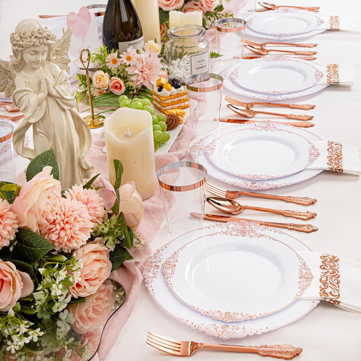 Morejoy 175PCS Rose Gold & Silver Plastic Dinnerware Set: 25 Plates, 25 Forks, 25 Knives, 25 Spoons, 25 Cups, 25 Napkins - Perfect for Wedding & Party