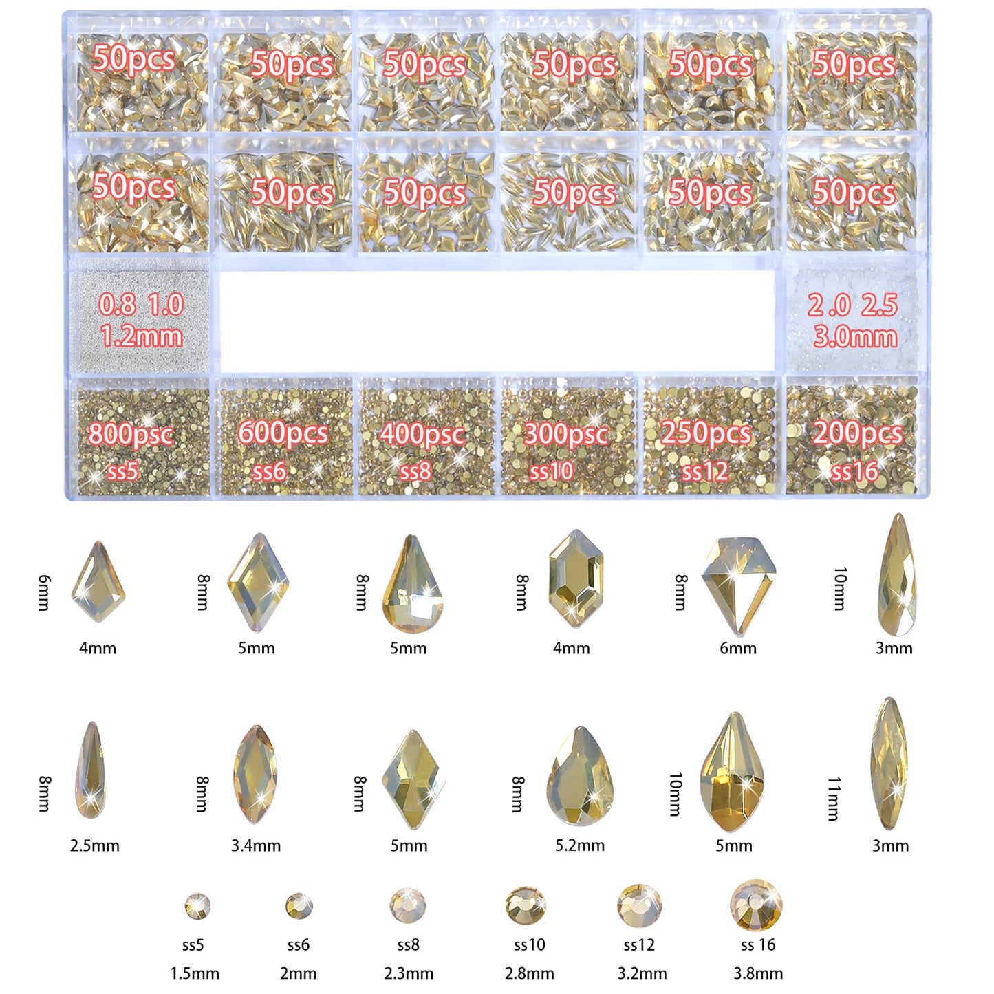 Nail Rhinestones - 3D Multiple Shape Size Gems, Champagne Gold, Manicure Beads, Pearls, Flatback Crystals Rhinestones, with Kit, for Nail Art Decor