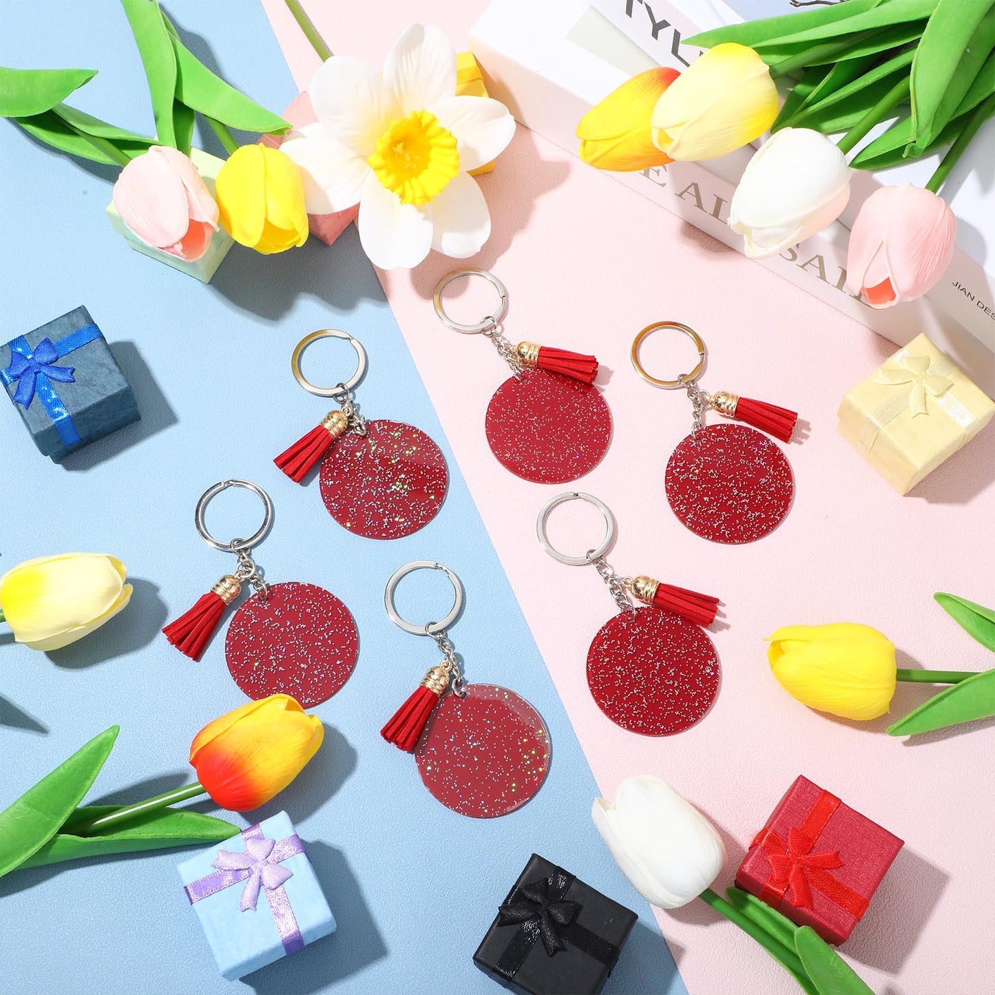 Sureio 20 Set Acrylic Keychain Blank with Key Rings 20 Pcs 1.97'' Glitter Acrylic Blanks 20 Pcs Keychain Tassels for DIY (Red,Glittery)
