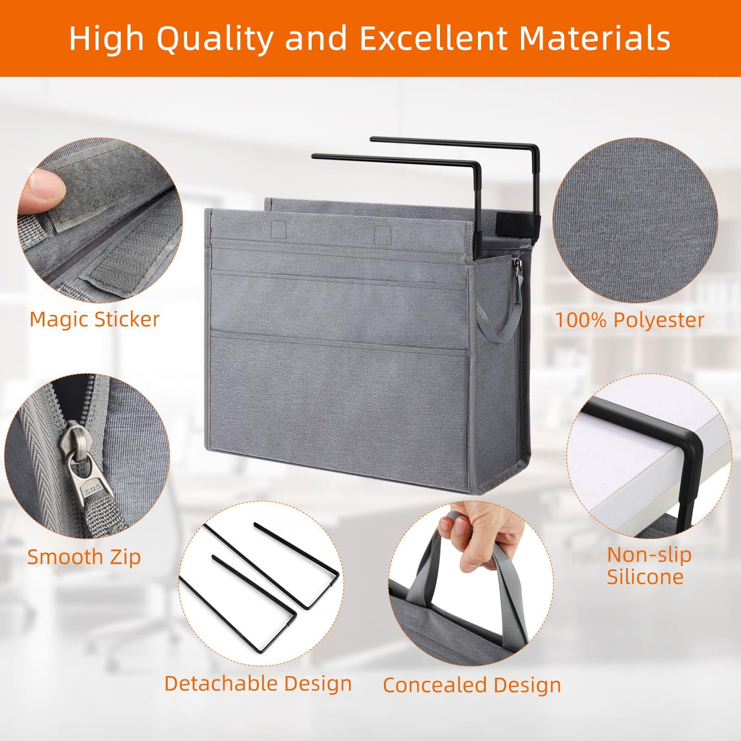MASTLU Under Desk Hanging Storage Bag, Desk Organizer Storage, Office Side Storage Bag, Compatible with A4 Files, Detachable Handle Design, No Assembly Required, For Office Home School (Grey)