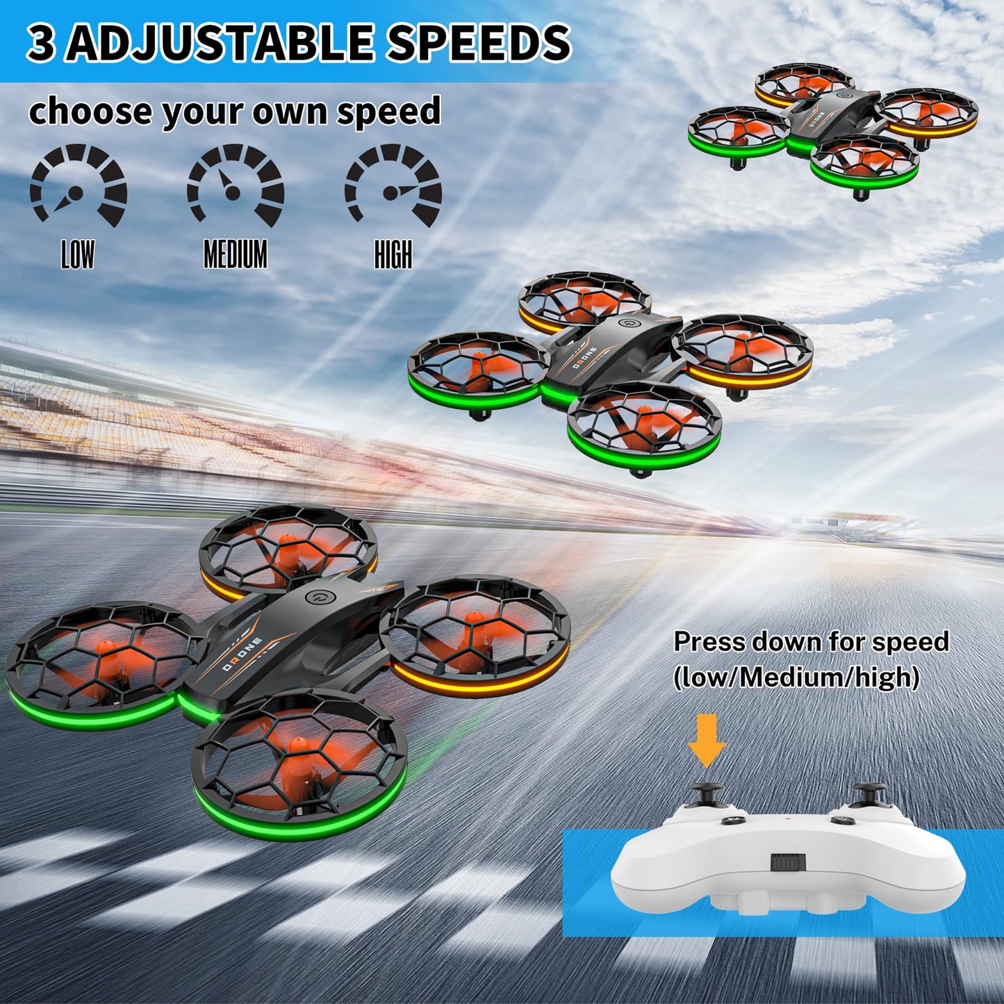 Drones - RC Drone with Auto Hovering and Headless Mode, Quadcopter with LED Light, Propeller Full Protect, 3D Flips, 3 Batteries, Remote Control, Best Gifts