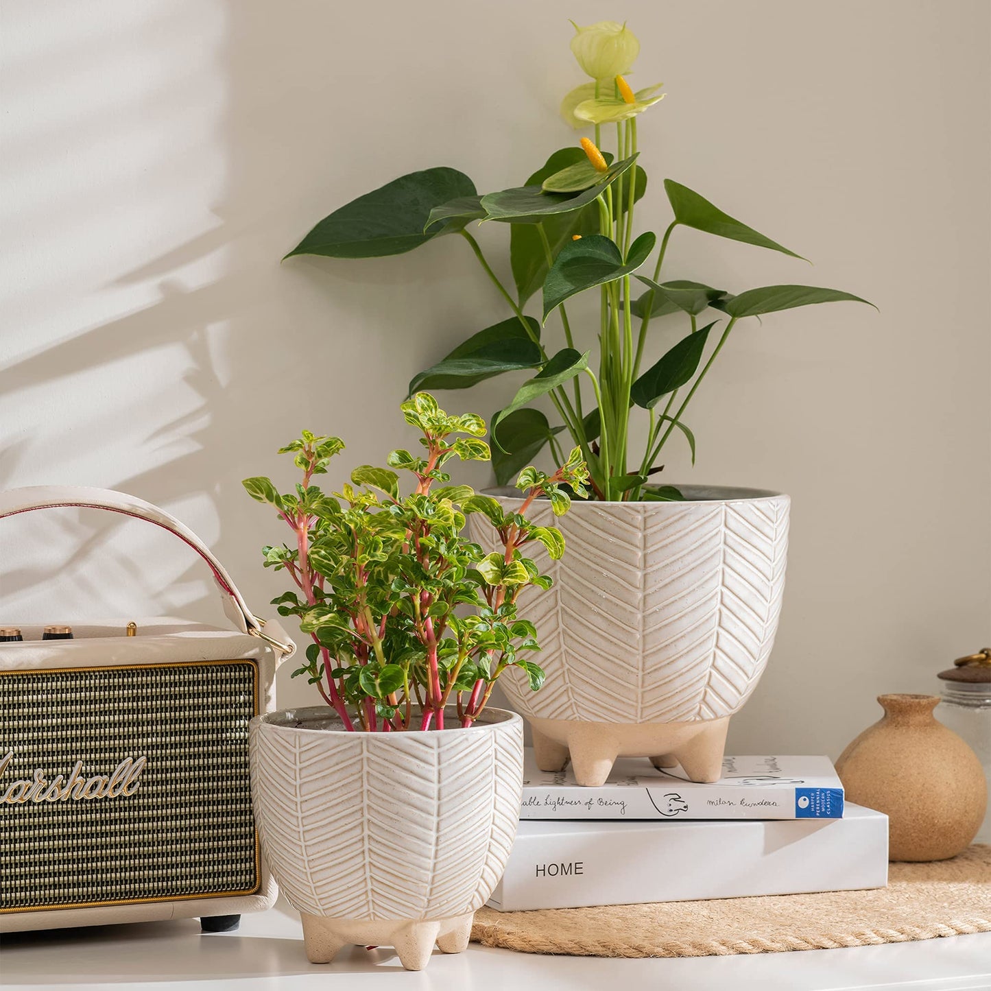 LA JOLIE MUSE Ceramic Footed Flower Plant Pots - 6.7 + 5.1 Inch Boho Decor Indoor Planters with Drainage, Home Decor Gift, Beige