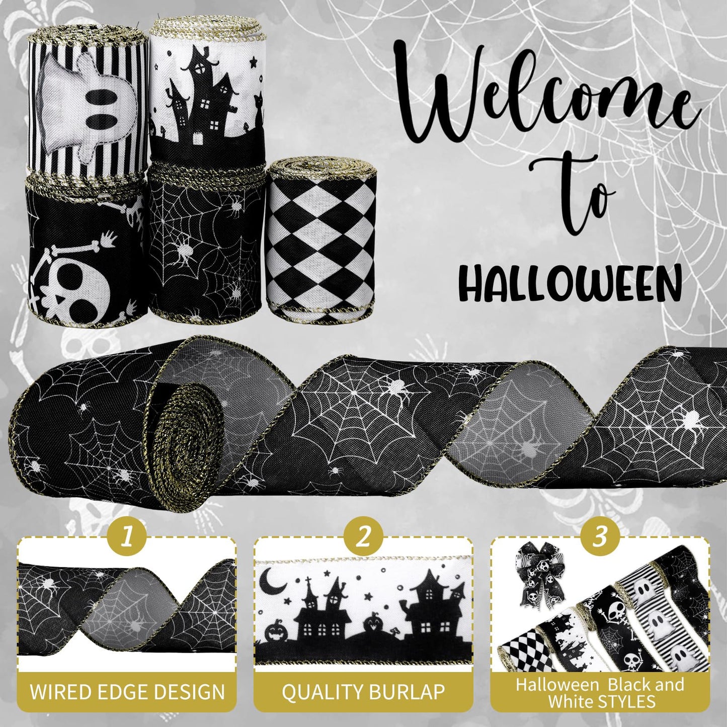 JarThenaAMCS 5 Roll Halloween Wired Edge Ribbon - 2.5 Inch, 30 Yards Ghost Skeleton Spider Web - White & Black Spooky Gift Wrap Ribbon for Bow, Wreath, Craft & Party Decor