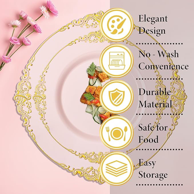 Nervure 100PCS Pink and Gold Plastic Plates - 7.5 inch Pink Plastic Plates with Gold Rim - Disposable Dessert Plate for Wedding & Party & Easter