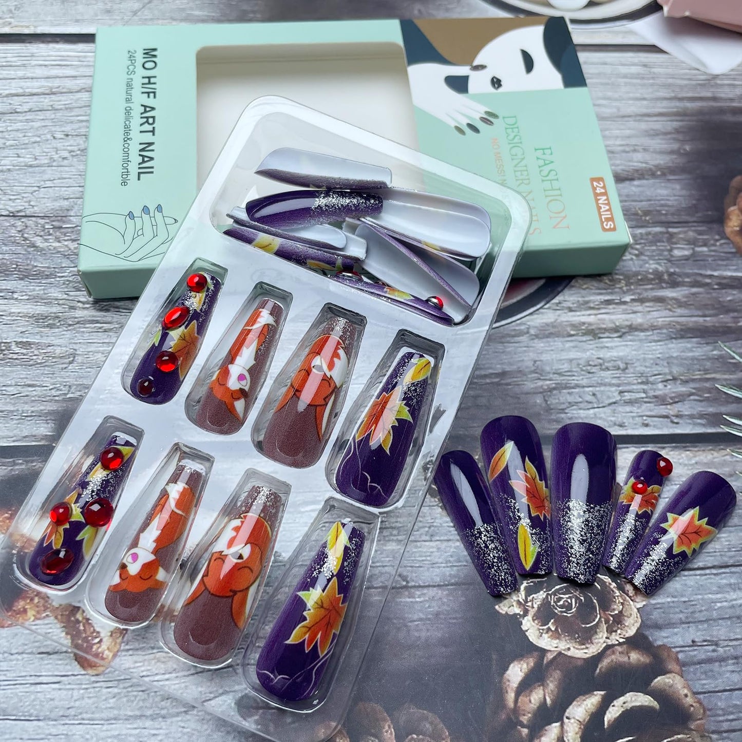 Fall Nails Maple Leaf Fox Press on Nail Long Coffin Fake Nail with Red Gem Rhinestones Designs Autumn False Nail Brown Artificial Glue on Nails Fall Leaves Acrylic Nail for Women DIY 24Pcs