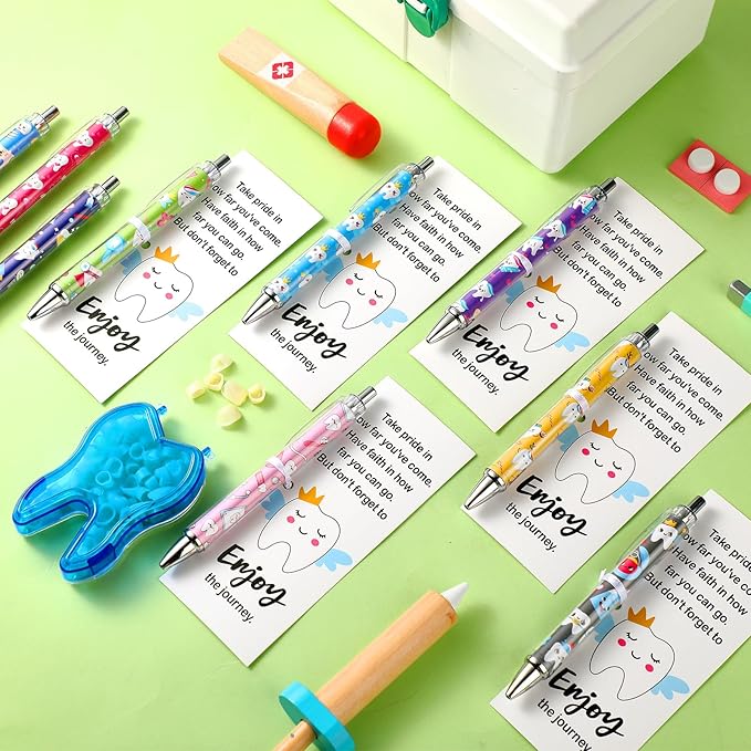50 Sets Dental Assistant Gifts Dental Hygienist Gifts Teeth Themed Ballpoint Pens with Thanks Cards Bulk for Coworkers Women Doctor Nurse Graduation Accessories Dentist Office Staffs Favors