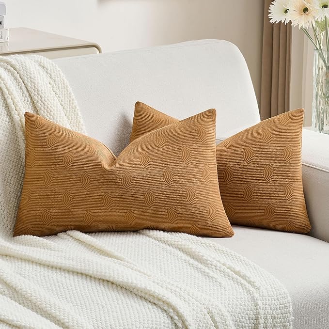 FUTEI Bronze Chenille Decorative Throw Pillow Covers 12x20 Inch Set of 2,Soft Cozy Striped Geometric Patterns Lumbar Pillow Cases,Modern Home Decor for Couch Bed Living Room