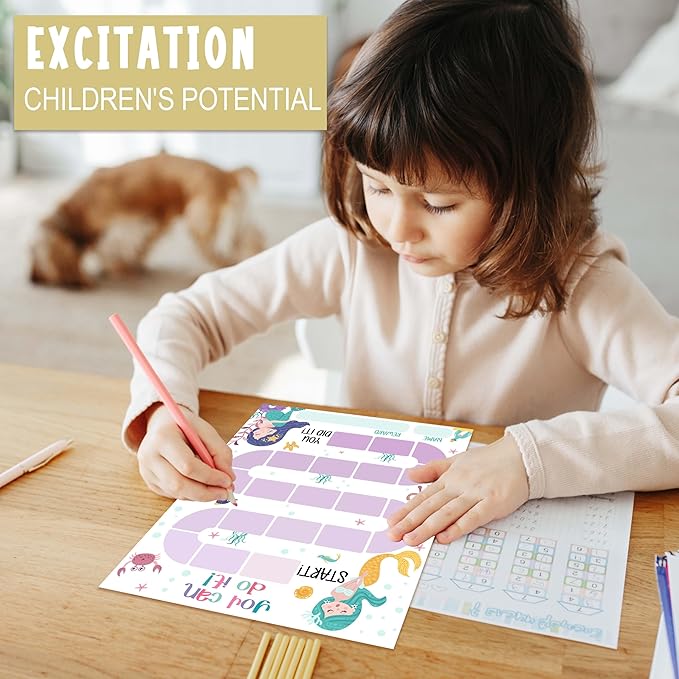 10 Mermaid Reward Chart with 216 Round Stickers, Incentive Behavior Chart for Kids at Home Classroom, Kids Routine Daily Chore Sticker Chart-A11