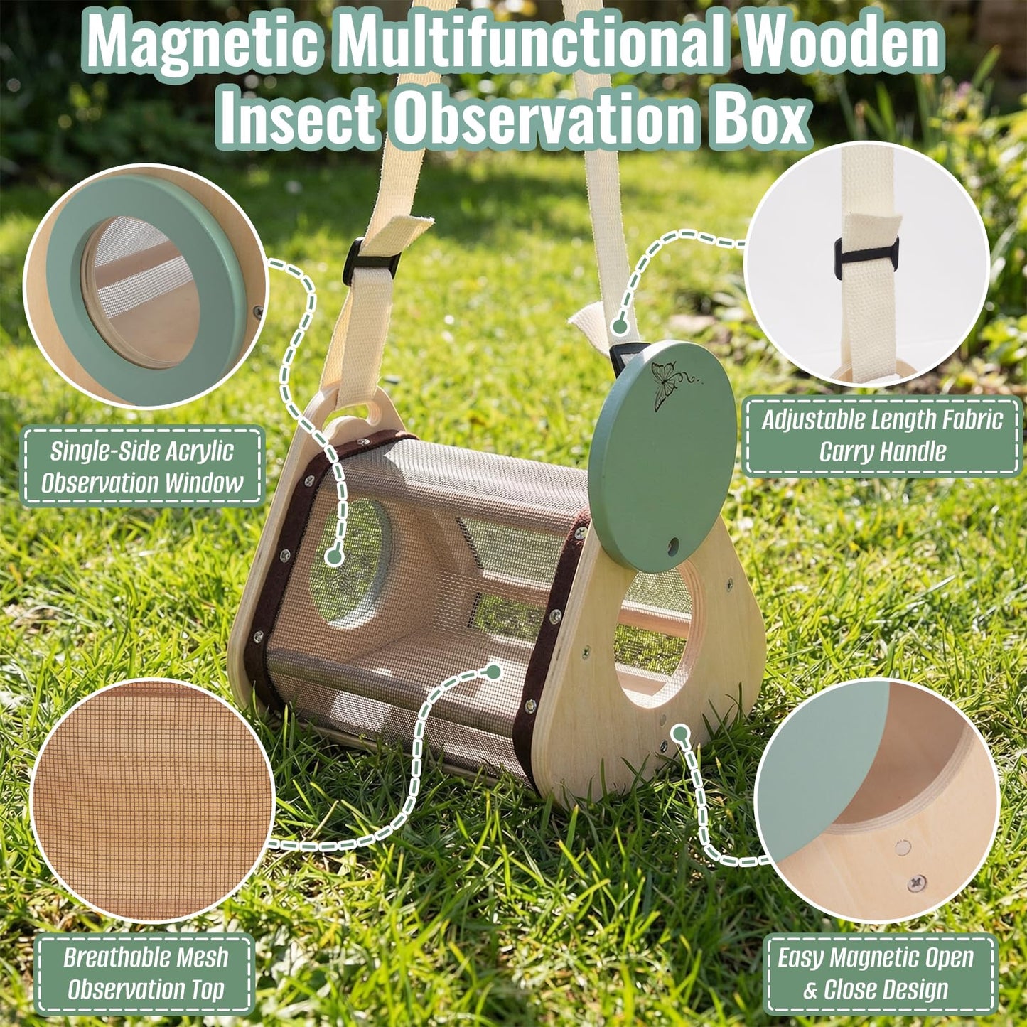 Wooden Bug Catcher Kit for Kids 3-8, 8 PCS Outdoor Explorer Kit with Bug Collector Toy Bugs Card Butterfly Net Magnifying Glass Insect Catcher Tweezers, Bug Catching Kit for Backyard & Camping