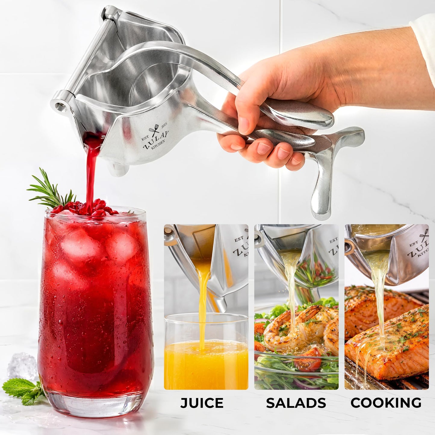Zulay Manual Fruit Juicer- Heavy Duty Juice Press Squeezer with Detachable Lever & Removable Strainer - Fruit Press & Hand Juicer For Pomegranates, Lemons, Oranges, and More (Silver)