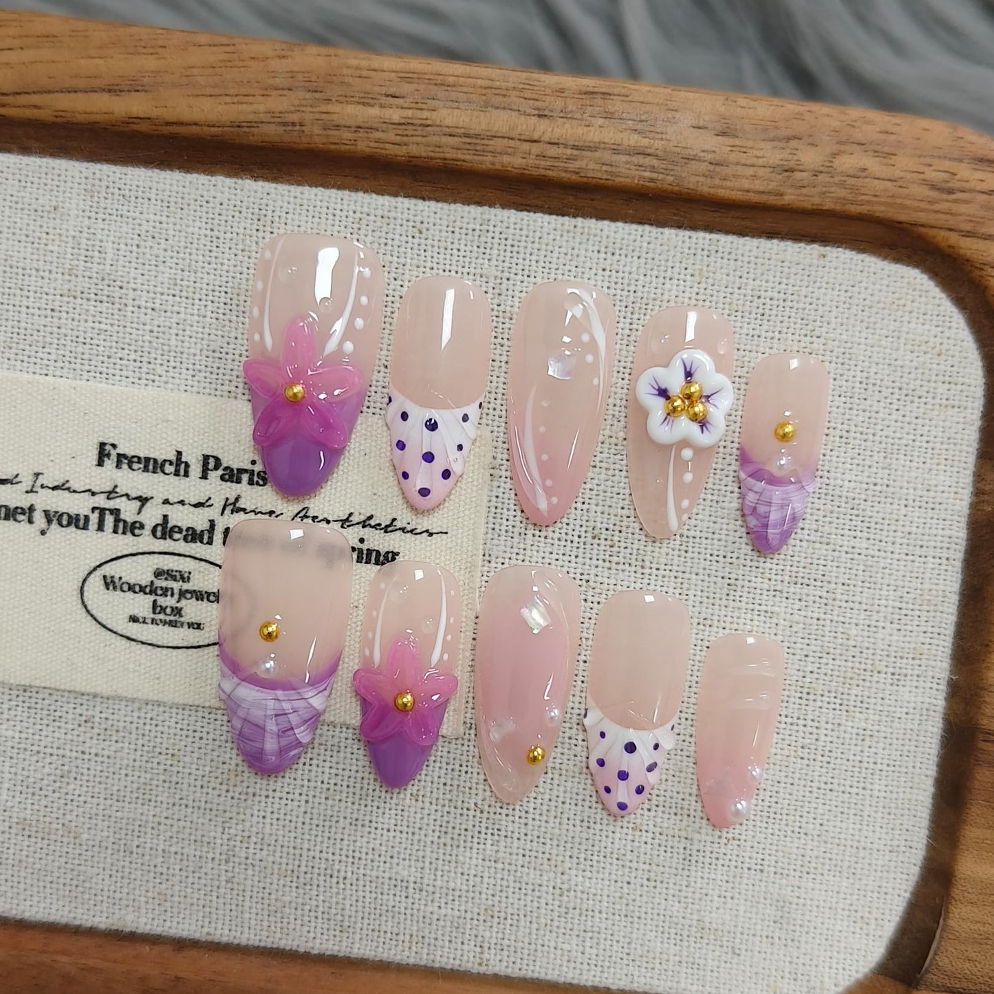 TENPAL Handmade Soft Lilac French Tips Press on Nails Medium Almond with 3D Glitter Floral & Pearl, Handmade & Reusable, Sheer Flattering False Nails for Everyday Summer Wear 10PCS(S)