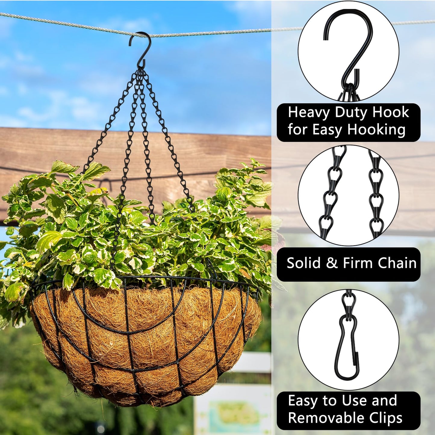 garini 4 Pack,24.5 Inch Hanging Baskets Chain,Black Hanging Chain with 4 Hooks Flower Pot Chain Replacement Plant Hangers for Bird Feeders,Planters Wind Chimes and Decorative