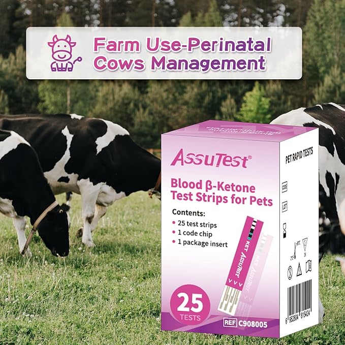 AssuTest® Blood Ketone Test Strips for Pets β-Ketone Farm Testing - Accurate, Easy-to-use Ketosis Detection Tool for Cows Cats and Dogs, Home Veterinary Supplies - 50 Pcs Set