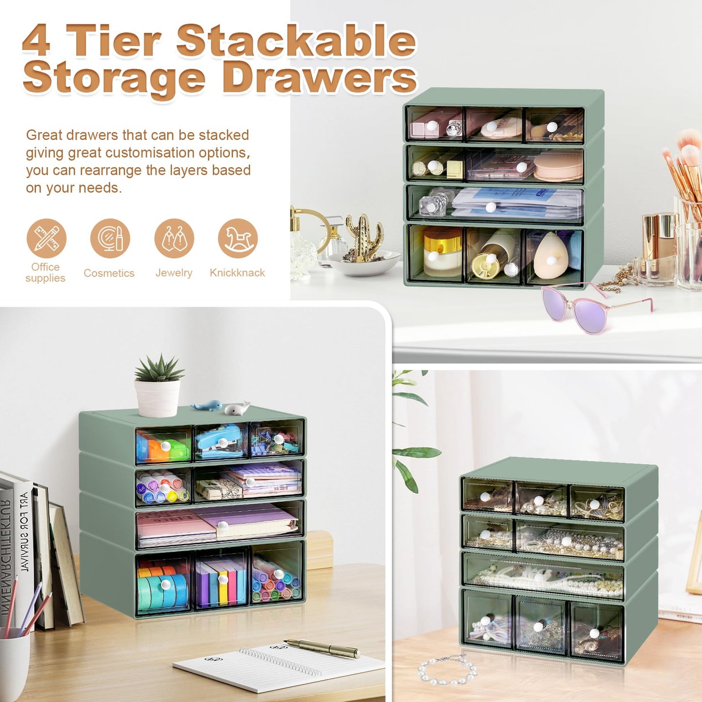 MYKASEN Desk Organizer with 9 Drawers, 4 Tier Plastic Stackable Storage Drawers for Desk Storage, Office Stationary Makeup Organizer Suit for Home, Office and School