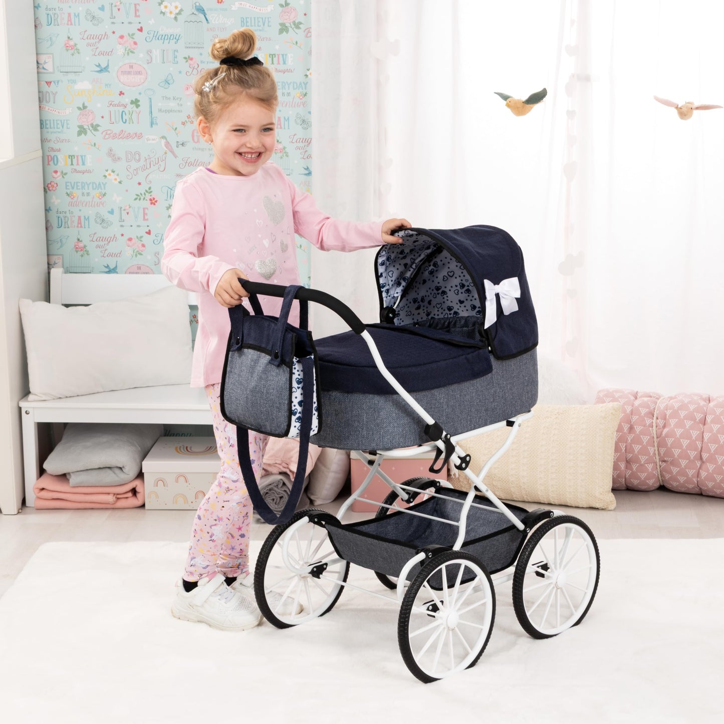 Bayer Design Classic Doll Pram – Navy-Grey-Hearts Stroller, Foldable Carriage with Storage Bag, 18 Inch, Ages 3+