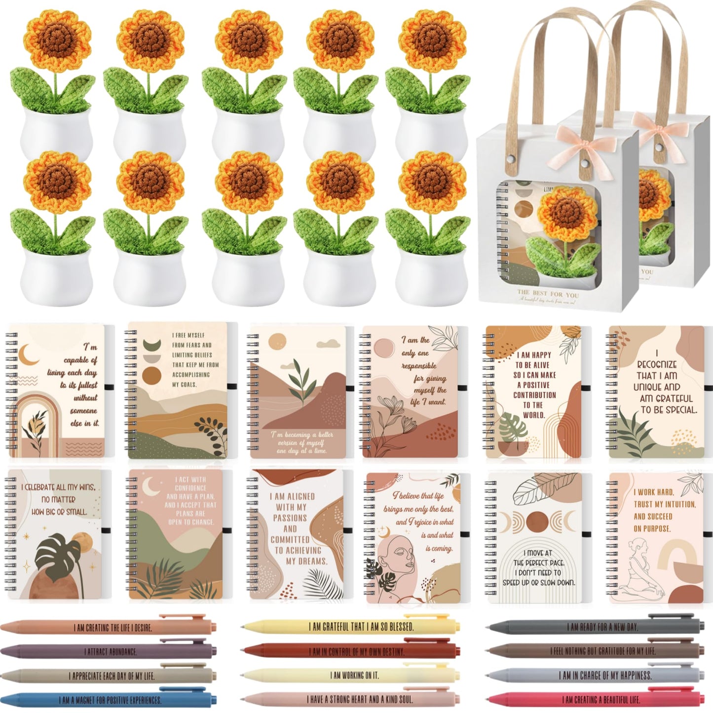 Kosiz 48 Pcs/12 Set Positive Affirmation Gift for Women Boho Positive Notebooks with Ballpoint Pens Motivational Spiral Notepad Inspirational Crochet Sunflower Gift for Mother's Day, Teacher, Coworker