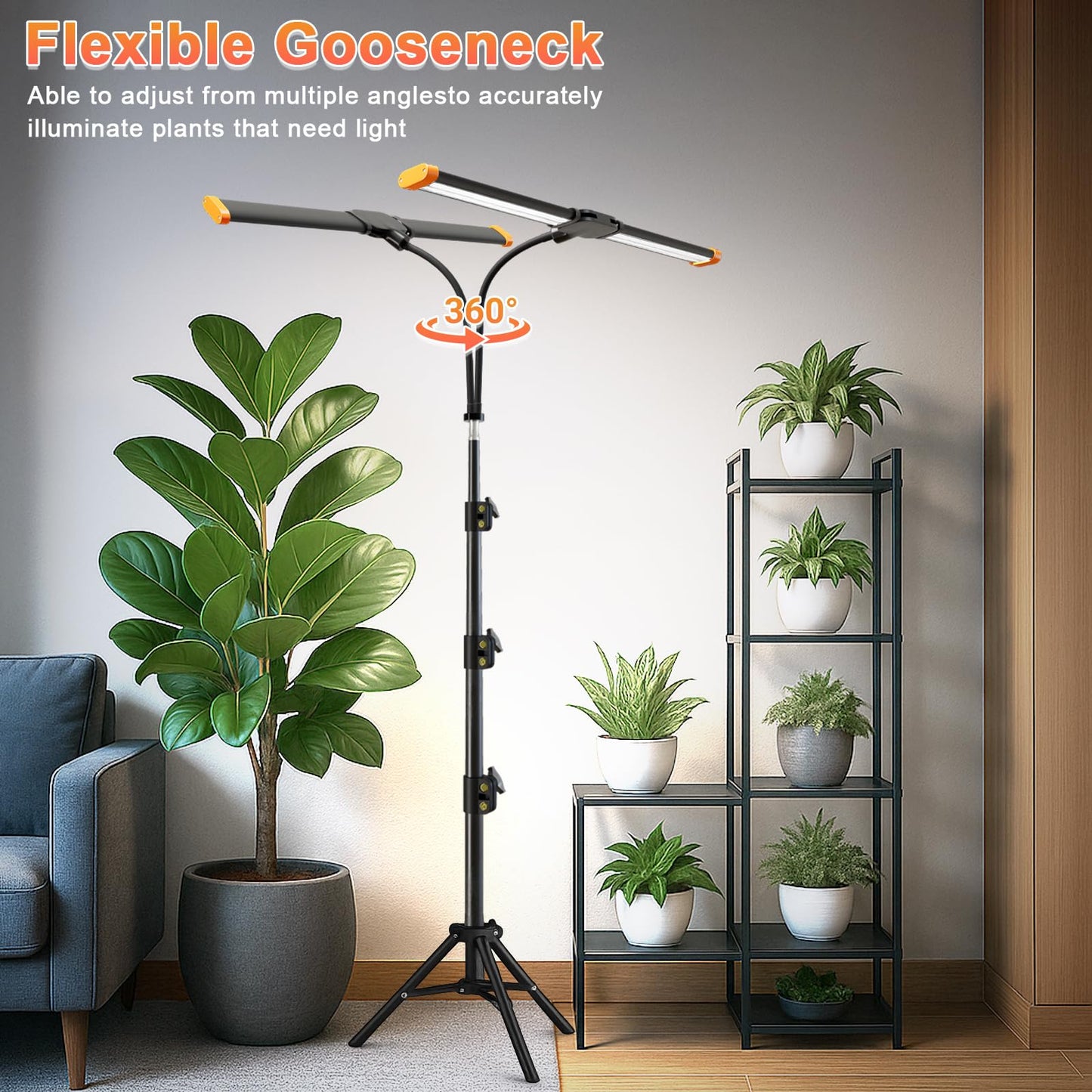 Plant Grow Light with Stand,Super Bright 6000K White Full Spectrum Floor Growing Lamp with Rotatable Dual Light Head & Height Adjustable 17-62" for Indoor Tall Plants, Dimmable & Auto Timer 4/8/12H