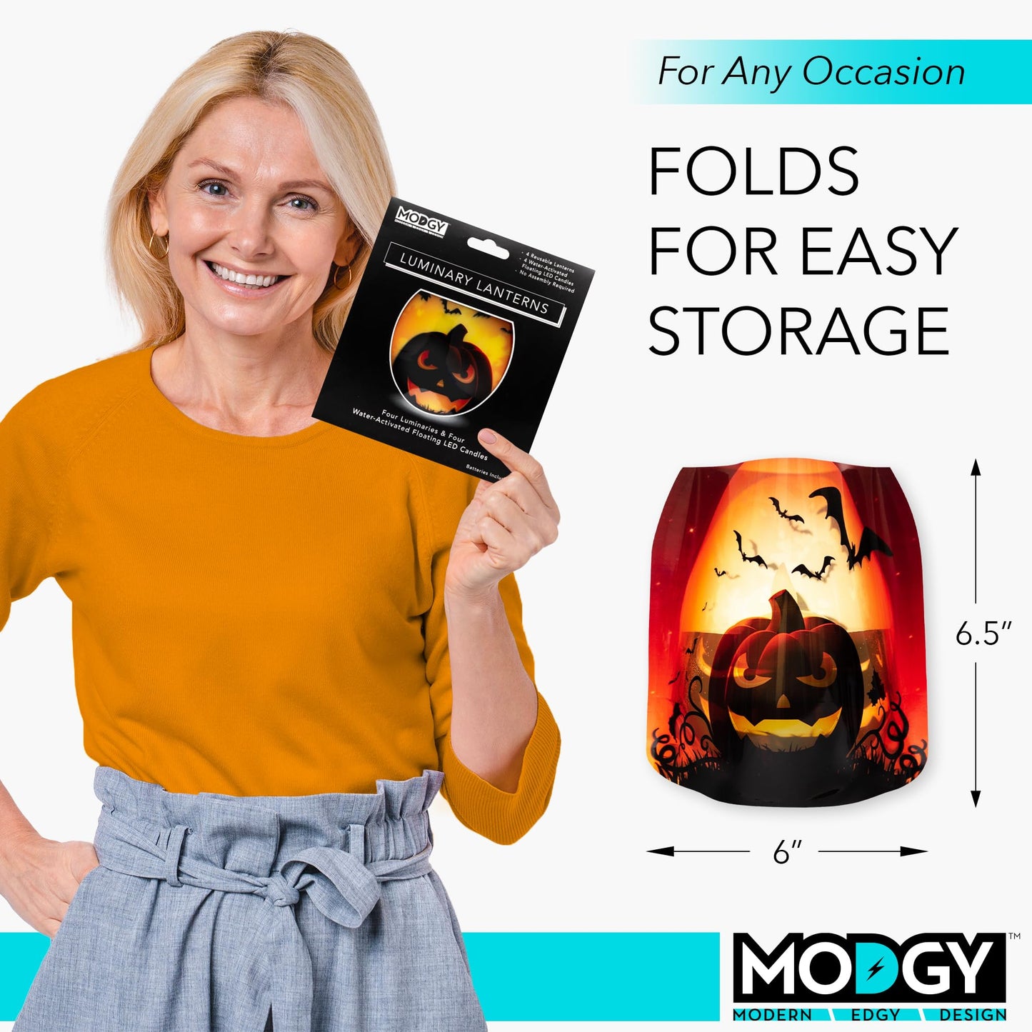 MODGY Luminary Lanterns, Halloween Candle Holders with Flameless Floating LED Candles, Indoor Outdoor Decor for Parties, Home, Windows, and Mantels, Table Centerpiece, 4-Pack, Jacko