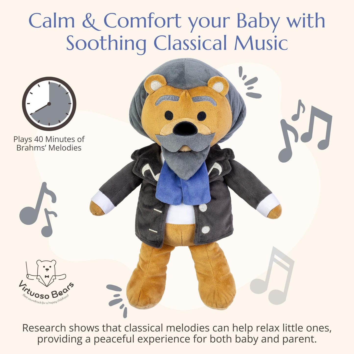 Brahms Virtuoso Bear – Dual-Mode Plush Toy with Music & Comfort Features, Plays 40 Mins of Classical Music & White Noise to Calm and Soothe Babies