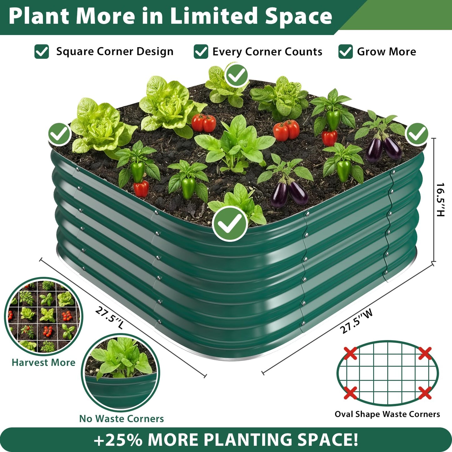 FCCRETA Galvanized Raised Garden Bed Outdoor, 17''Tall Square Metal Planter Boxes,Gardening Beds for Vegetable,Flower,Herb,Modular Above Ground