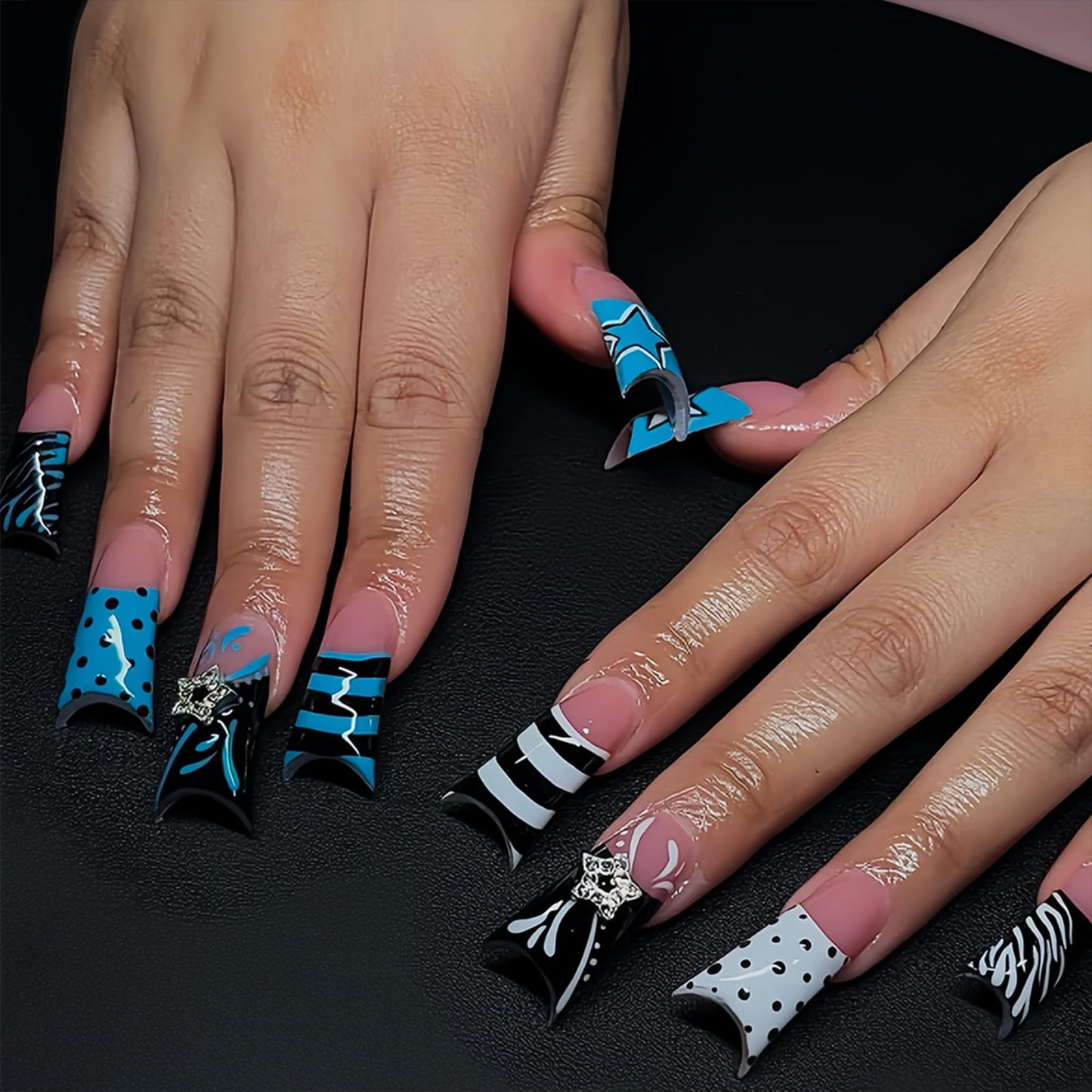 Long Press on Nails Duck Fake Nails Blue Acrylic Nail Press Ons Seeneey Black White Y2K Polka Dots Stripes Star Rhinestone Stick on Nail for Women 24pcs