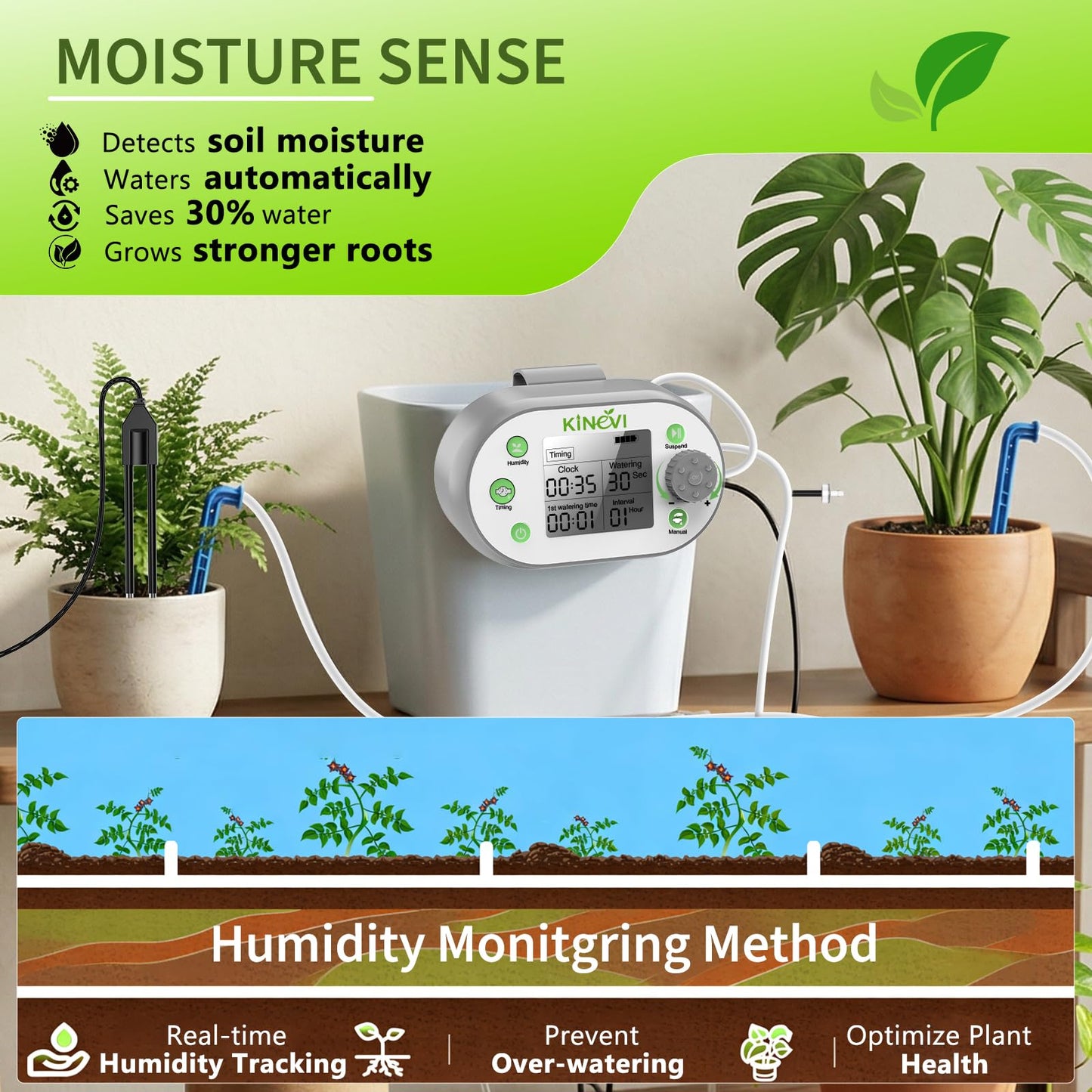 Automatic Plant Waterer, Plant Watering Device for 15 Pots, Indoor Plant Watering System, Auto Drip Irrigation Kit Programmable Water Timer with Smart Humidity Detection
