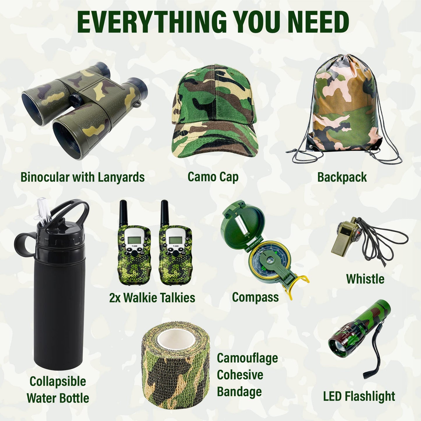 CEREM Kids Explorer Kit - 10-in-1 Nature Explore Set with Walkie Talkies, Binoculars, Compass, LED Flashlight - Outdoor Adventure Kit for Boys and Girls - Complete Camping Gear Bundle