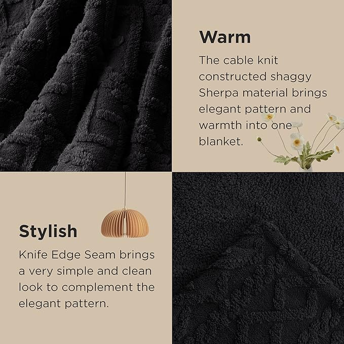 Bedsure Sherpa Queen Size Blanket for Bed - GentleSoft Fleece Fluffy & Cozy Cable Jacquard Tufted for Women Gift, Thick and Warm Blankets for Winter, Black, 90x90 Inches