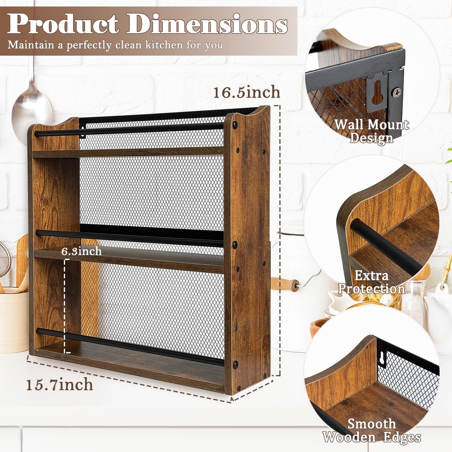 Klxuyuo Spice Rack Wall Mount for Spice Jars & Seasonings, 3 Tier Large Wall Hanging Spice Rack Organizer for Kitchen Cabinet, Pantry Door
