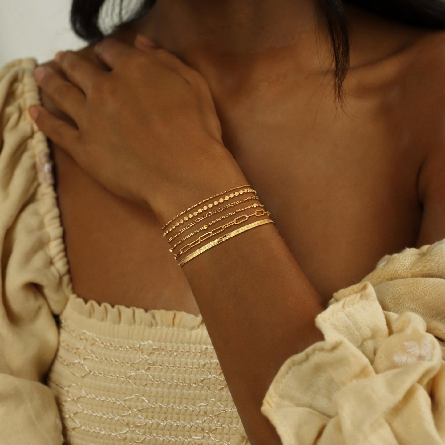 DEARMAY 14K Gold Plated Bracelets Set for Womens Trendy Waterproof Dainty Gold Jewelry Fashion Stackable Beaded Figaro Herringbone Paperclip Link Box Chain Bracelet Pack Stack Gifts