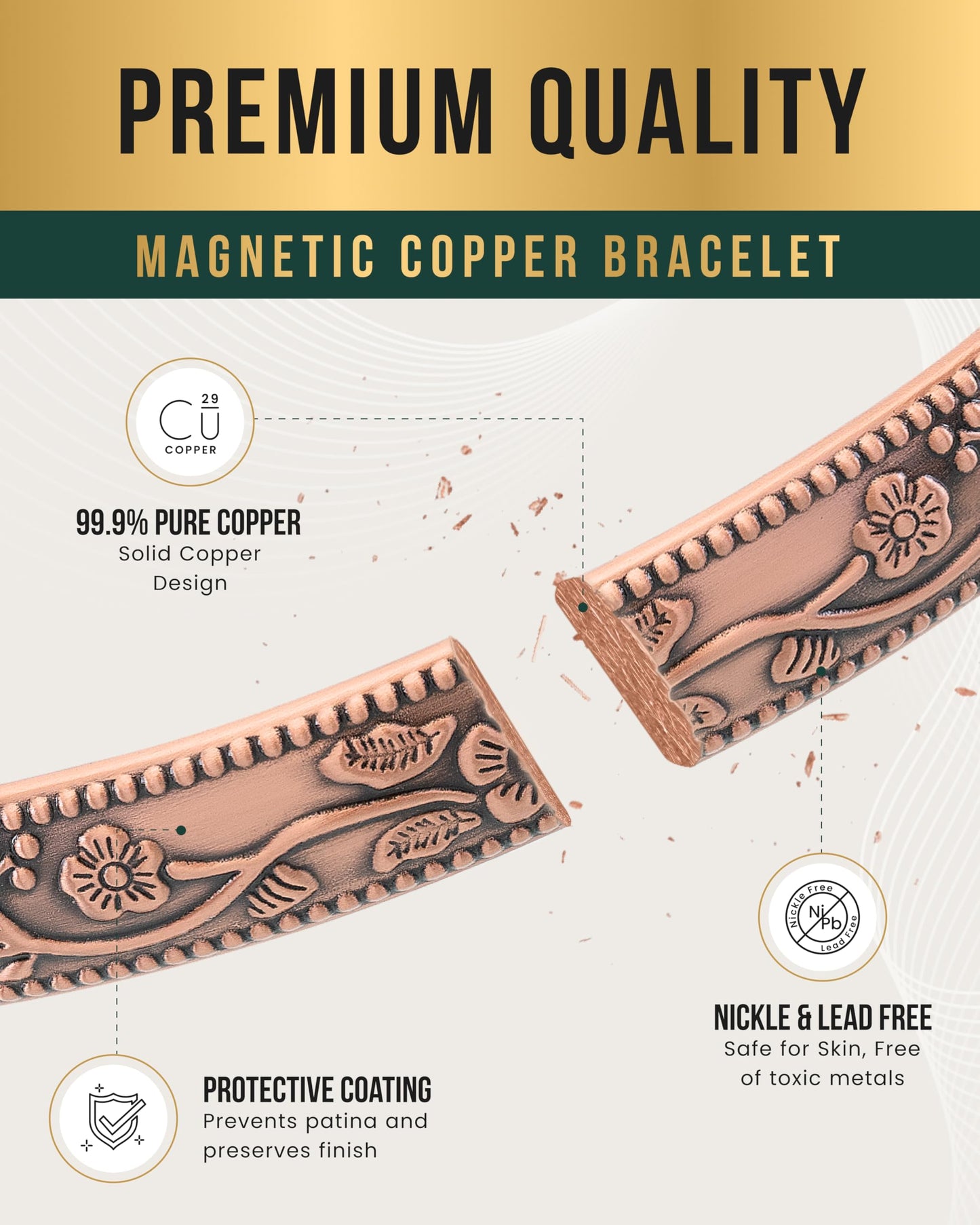 MagnetRX® Women's Copper Bracelet – Effective 99.9% Pure Copper Magnetic Bracelets for Women – Adjustable Womens Copper Cuff Bracelet Bangle (Floral Style)