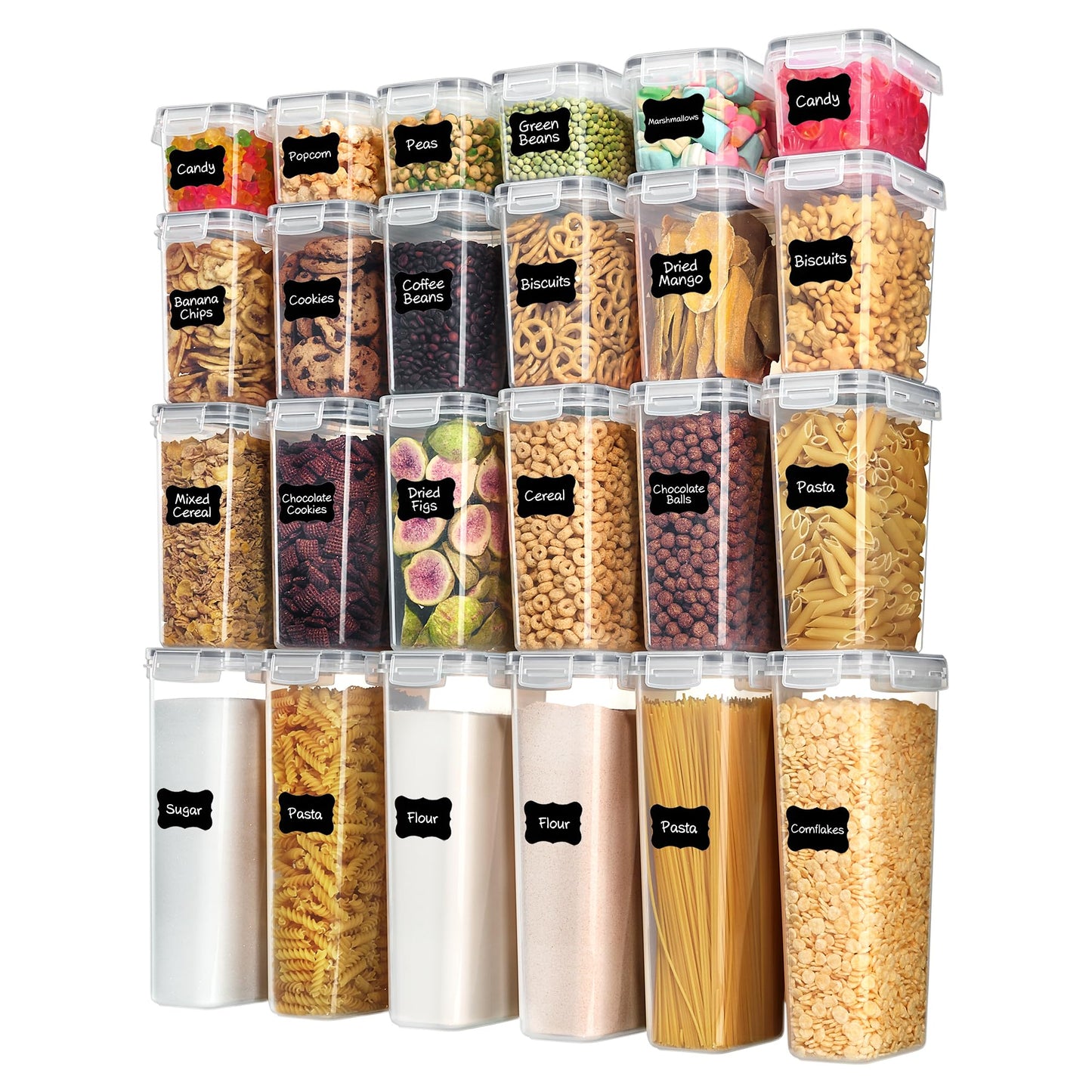 Vtopmart Airtight Food Storage Containers with Lids, 24 pcs Plastic Kitchen and Pantry Organization Canisters for Cereal, Dry Food, Flour and Sugar, BPA Free, Includes 24 Labels，Gray
