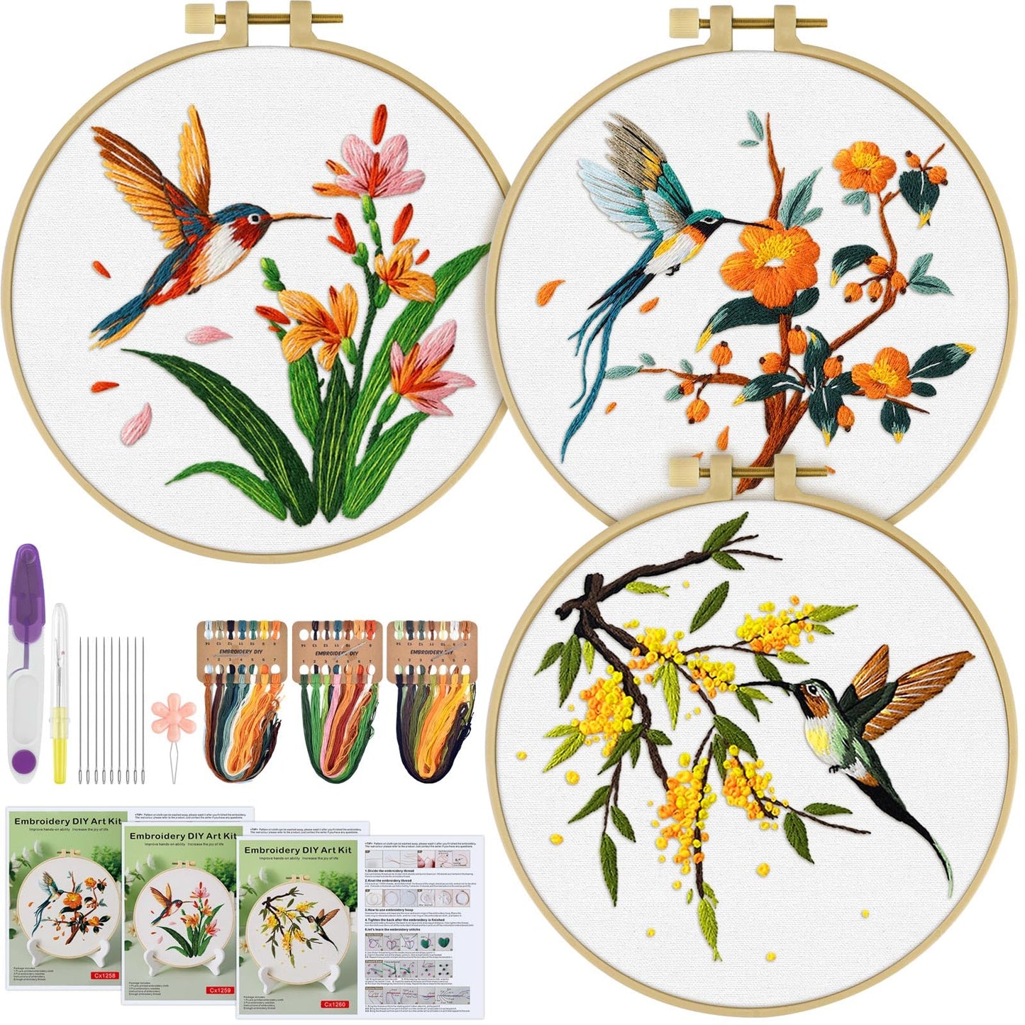 ERKOON 3 Sets Embroidery Kit, Hummingbird Cross Stitch Set for Include Embroidery Cloth Hoops Threads for Craft Lover Hand Stitch (Hummingbird)