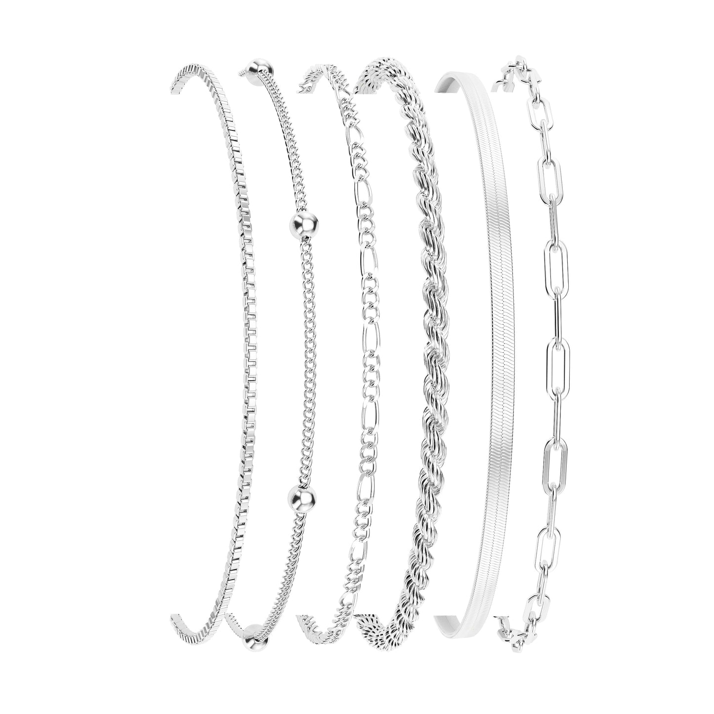 DEARMAY Silver Plated Bracelets for Women Dainty Silver Jewelry Sets Trendy Stackable Paperclip Rope Snake Box Figaro Chain Bracelets Pack Costume Fashion Gifts