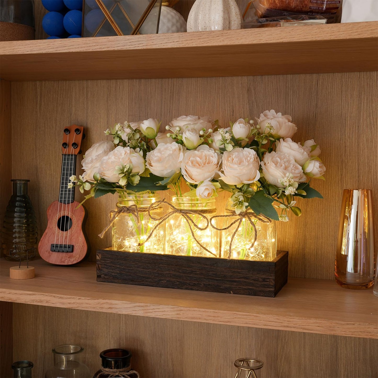 LUEUR Mason Jar Lights Centerpiece with Farmhouse Wood Tray – 3 Jars with Champagne Peony Spring Flowers, Spring & Summer Wedding Decoration for Dining Table, Coffee Table, Kitchen & Living Room