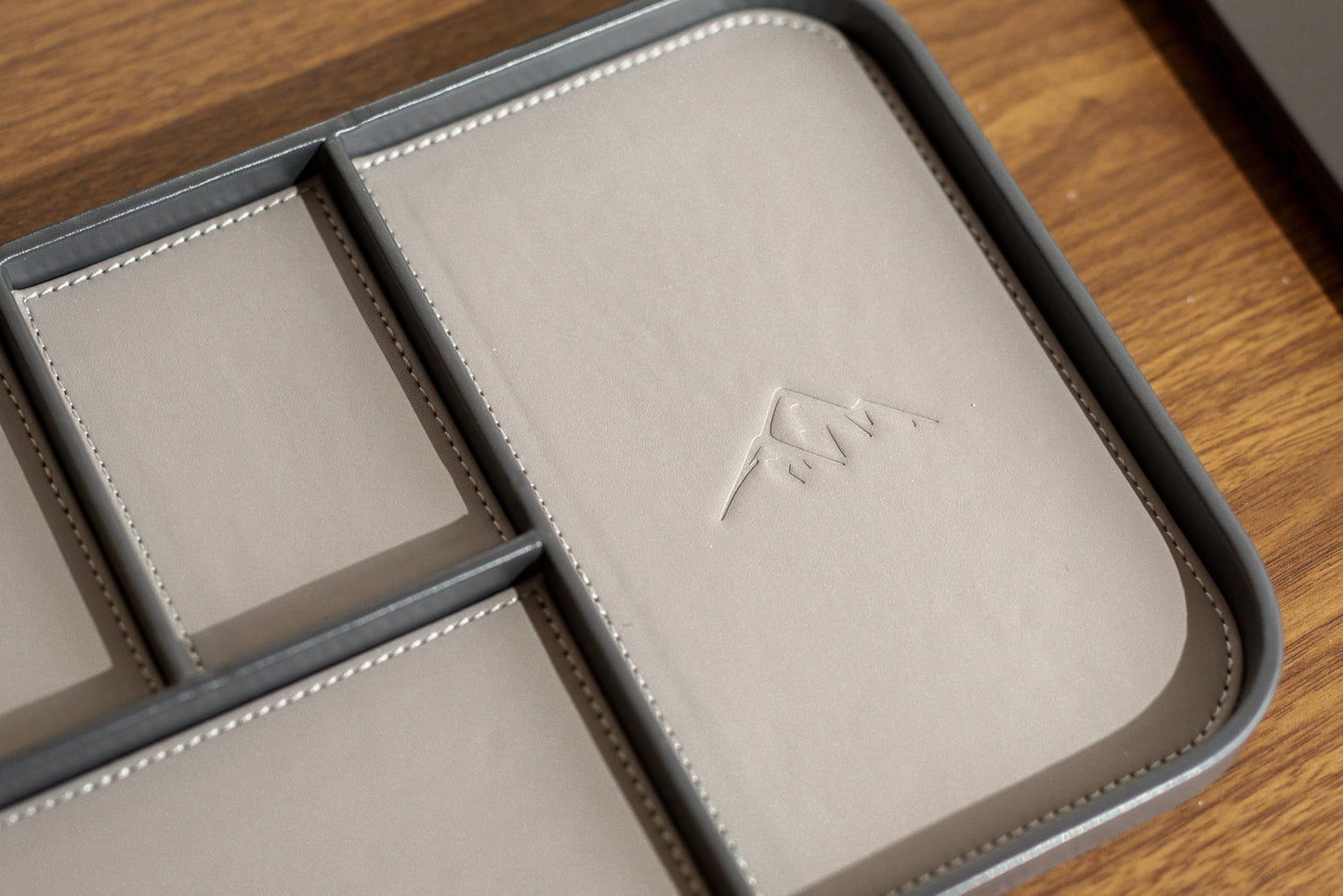 MUUJEE Leather Catchall Multitray (Design 2) - 11.65 x 7.75 x 0.8, Mountain Design Embossed Minimalist Wallet Tray for Men, Thoughtful Husband Gift, Desk EDC Organizer for Watch Keys Glasses, Gray