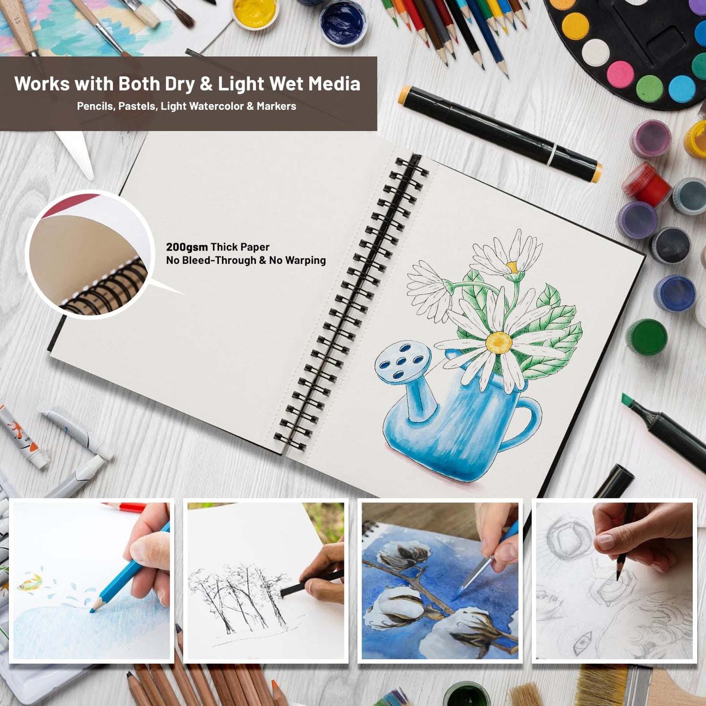 KAKKUE 11" x 14" Hardcover Sketch Book, 200gsm/80 Sheets Professional Thick Drawing Paper, Spiral Bound Pad, Acid-Free Perforated for Mixed Media, Sketching & Drawing, for Artists & Kids