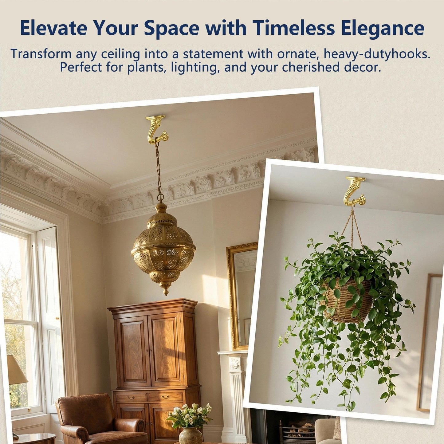 RiseDirectly 6-Pack Heavy Duty Gold Ceiling Hooks for Hanging Plants, Swag Hooks with Hardware for Chandeliers, Indoor Plant Hangers & Lightweight Decor