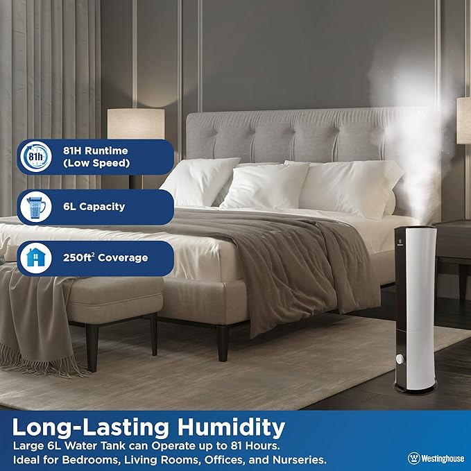Westinghouse 28-inch Cool Mist Ultrasonic Tower Humidifier, 6L Top Fill Air Humidifier with Essential Oil Diffuser, Adjustable Mist Volume for Large Bedrooms