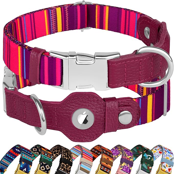 AirTag Dog Collar for Small Medium Large Breed - Adjustable Cute Pattern Dog Collar with Airtag Holder - Soft Leather Tracker GPS Apple Air Tag Pet Collars (X-Large, 20"-25" Neck Fit, Navajo)