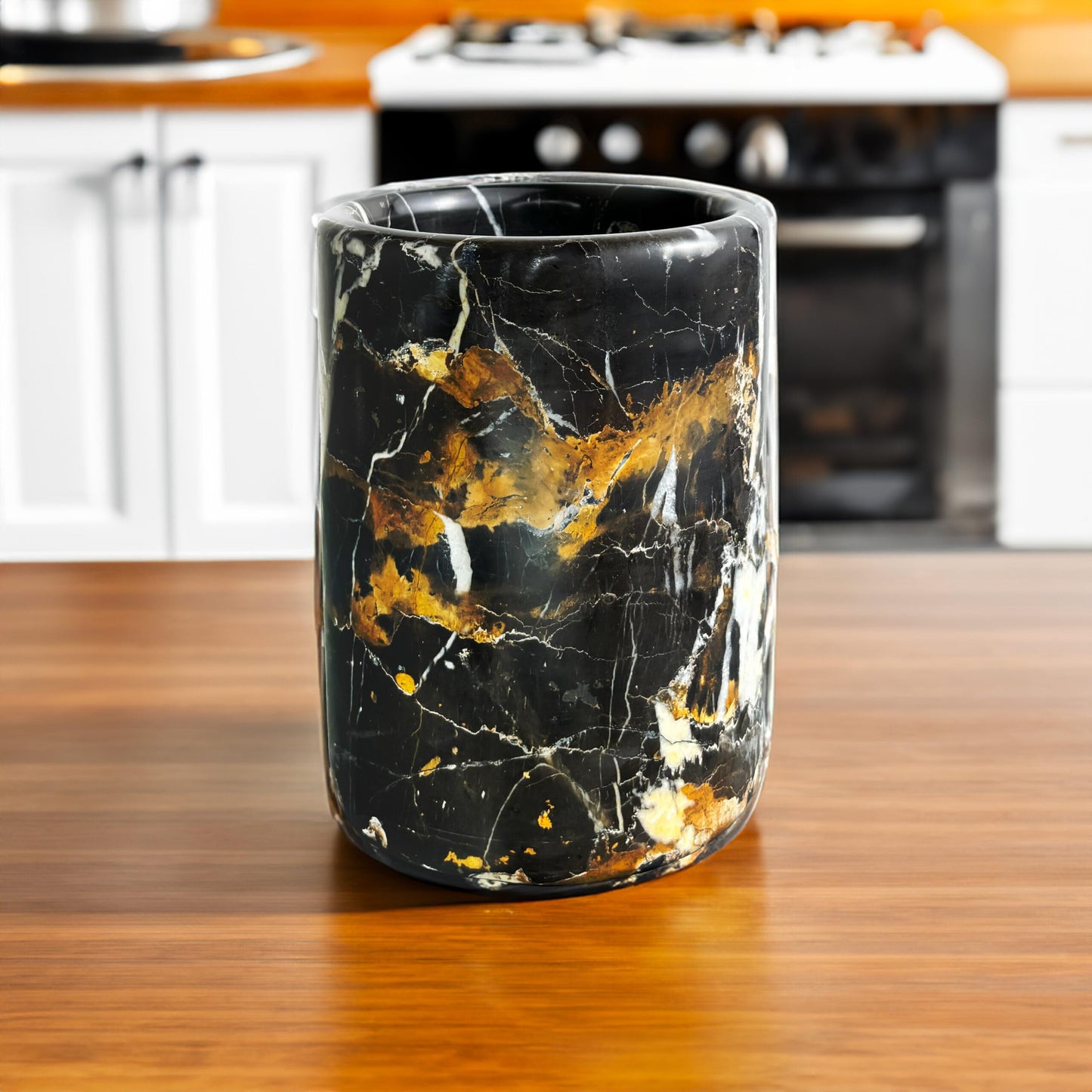 Marmor Krafts Handmade Marble Utensils Holder for Kitchen Utensil Storage and Tabletop - Organizer for Countertops, Pantry, Bathroom, Flower vase, Office & Center Table (Black & Gold)
