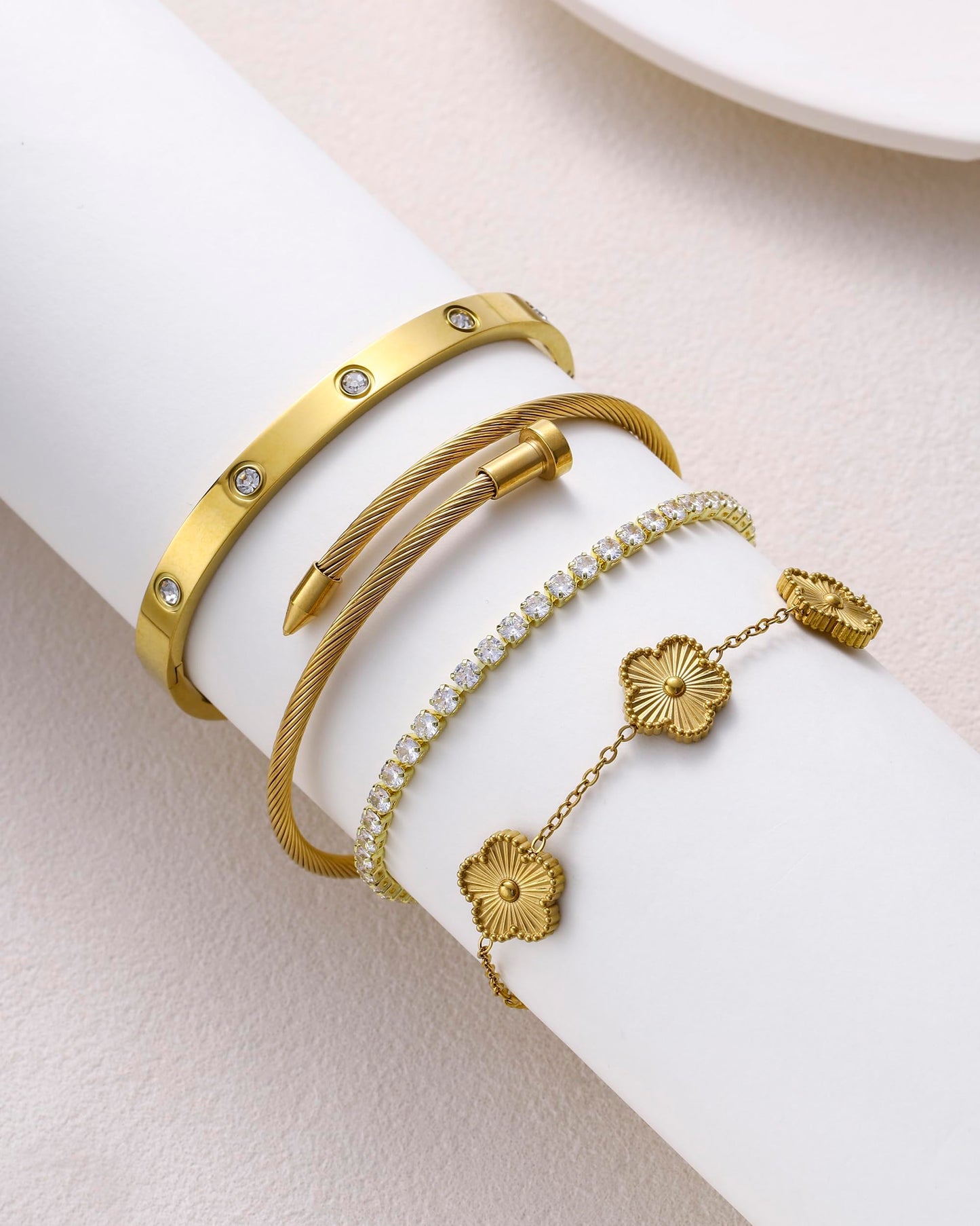 ISELBDR 18K Gold Bracelets for Women - Stackable Clover & Nail Love Bangle Set - Non-Tarnish Stainless Steel Jewelry for Valentine's, Mother's Day & Christmas (Gold-1)