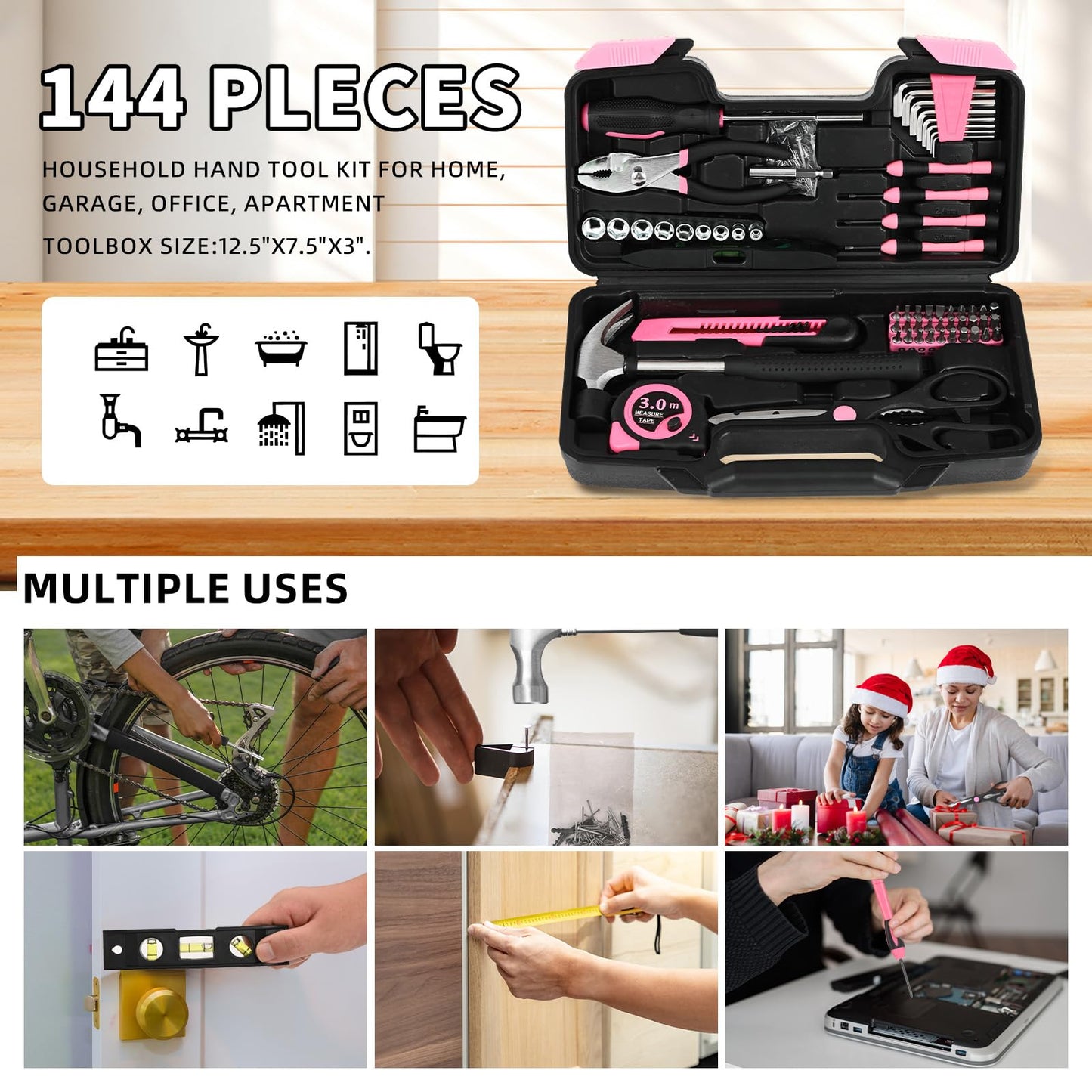GETFOO 144-Piece Pink Tool Kit Basic Home Repair Tool Set General Household Hand Tool Kit Small Tool Kit with Plastic Toolbox basic home tool kit for Women, Office & College Repairs
