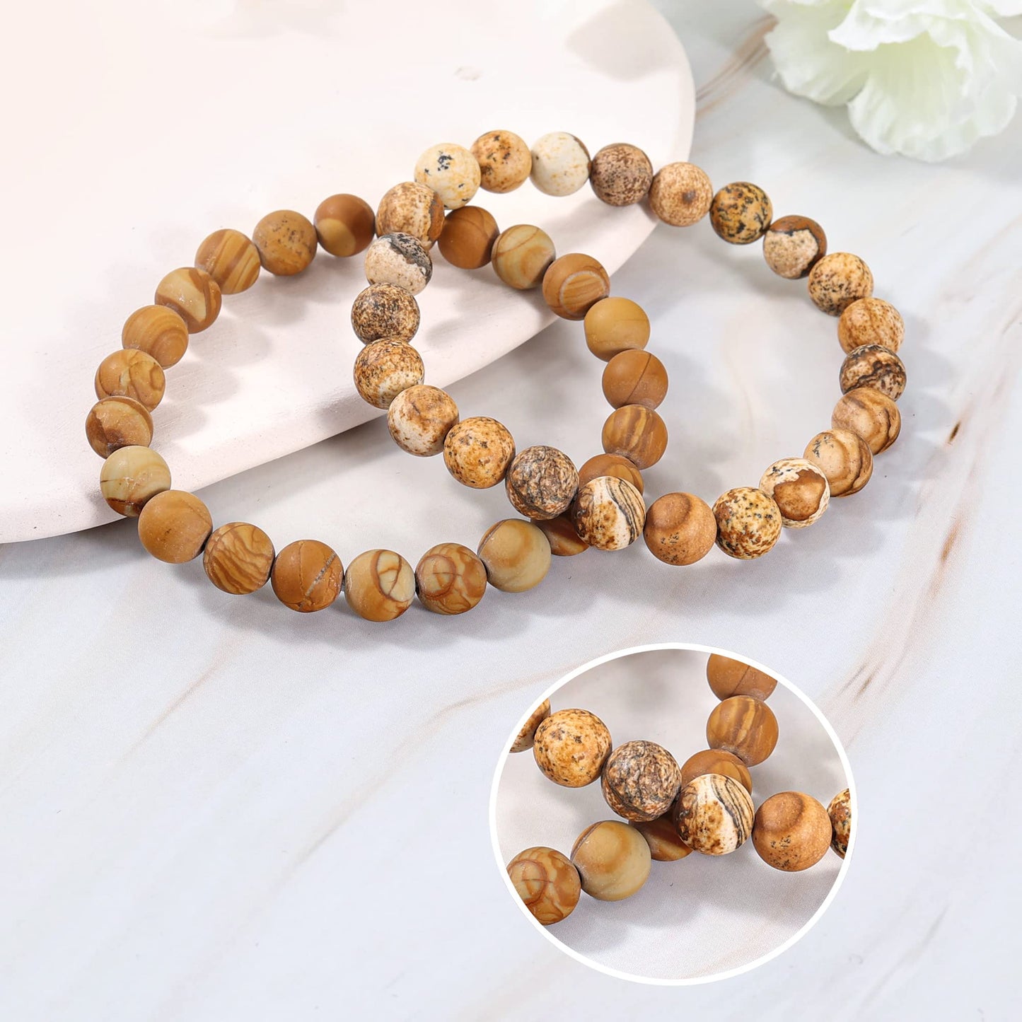 Bivei Natural Gemstone Semi Precious Crystals Handmade Stretchy Round Beads Bracelet, Enhance Positive Energy,Stocking Stuffers for Women(Wood Grain Jasper & Picture Jasper（Creativity） Medium)