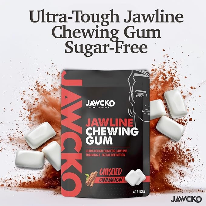 JAWCKO Ultra-Tough Jawline Chewing Gum | Get a Stronger, Squarer Jawline | Cinnamon Jaw Training Hard Gum | 15X Strength | Chisel, Sculpt, & Tone your Jaw | Facial Fitness Mewing Gum | 40 Pieces/Pack