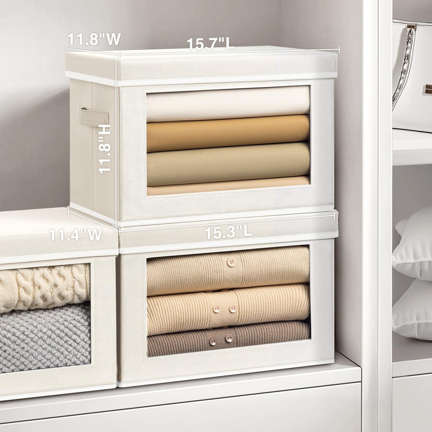 Homsorout Storage Bins with Lids, 4 Pack Large Storage Cubes with Window, Closet Bins with Lids & Handles, Fabric Box for Organizing Clothes, Towels, Books, Beige