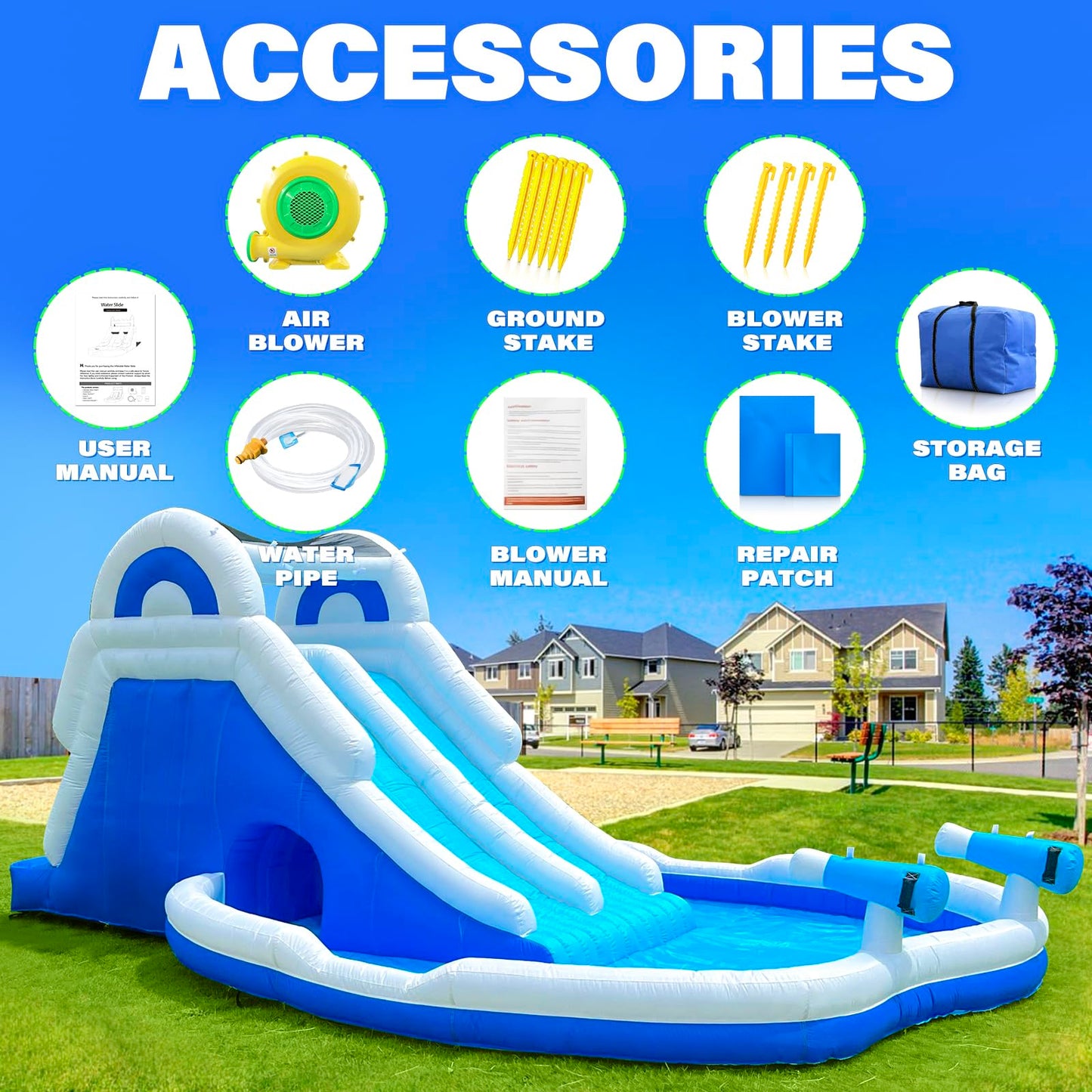 Inflatable Double Water Slide-17.7FT Large Climber Inflatable Water Park for Big Kids 5-10-Huge Splash Pool-Easy to Set Up & Inflate with Air Blower,Carrying Case,Water Pipe,Storage Bag-Bule